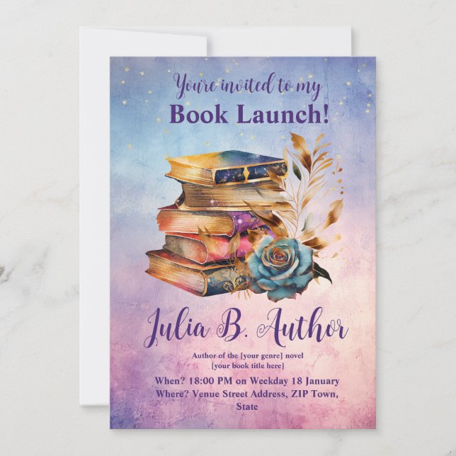 Whimsical Blue Rose Autor Buch Einladung (Vorderseite)