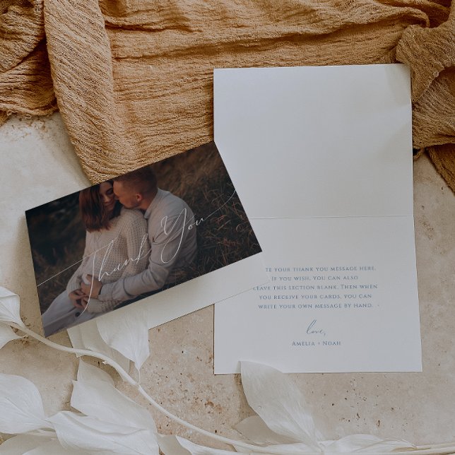 Whimsical Blue Schriftart Klappendusche Foto Dankeskarte (Von Creator hochgeladen)