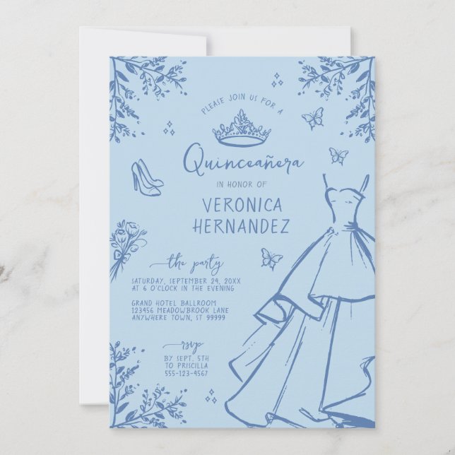 Whimsical Blue Scribble Quinceanera Einladung (Vorderseite)