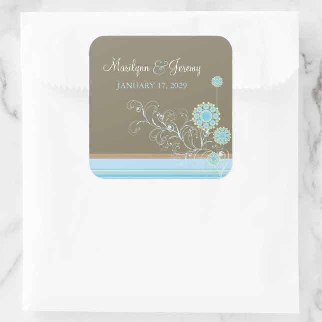 Whimsical Blue Snow Blume Wirbel Winter Hochzeit Quadratischer Aufkleber (Tasche)