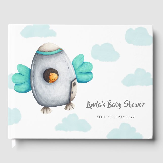 Whimsical Blue Spaceshiship und Chicken Baby Showe Gästebuch (Vorderseite)