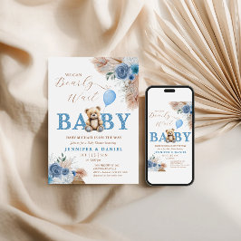 Whimsical Blue Teddy Bear Boho Baby Shower Einladung