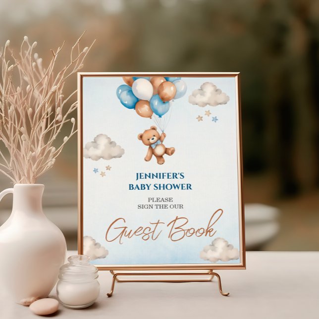 Whimsical Blue Teddy Guest Book Sign Poster (Von Creator hochgeladen)