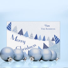 Whimsical Blue Trees Weihnachts-Flat Holiday Card