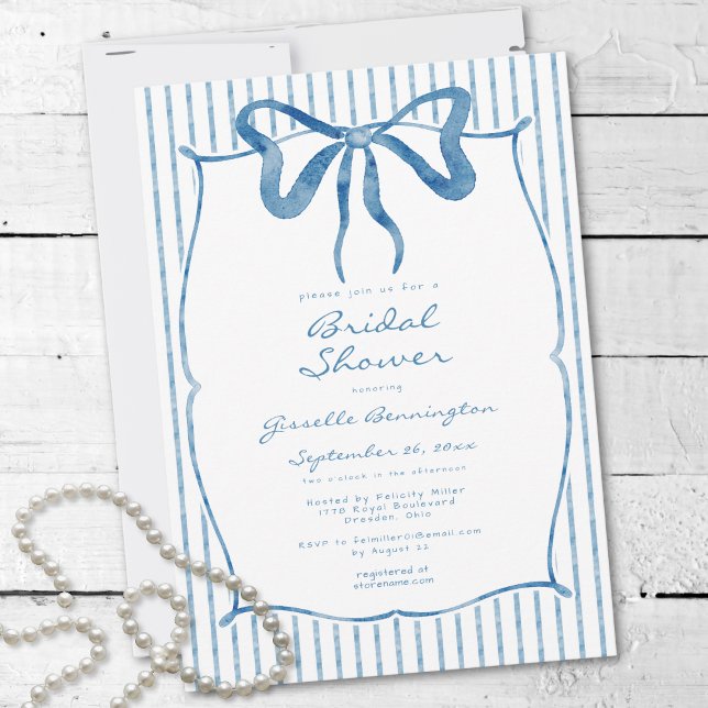 Whimsical Blue Watercolor Bow Stripe Bridal Shower Einladung (Whimsical Blue Watercolor Bow Stripe Bridal Shower Invitation)