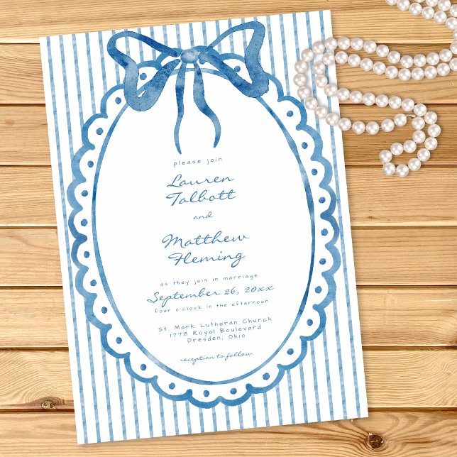Whimsical Blue Watercolor Bow Stripe Wedding Einladung (Von Creator hochgeladen)