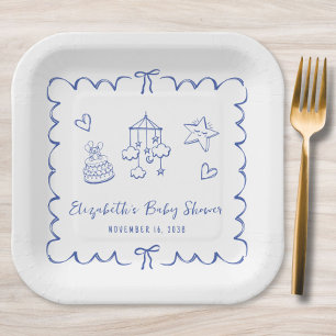 Whimsical Blue Wavy Frame Baby Boy Dusche Pappteller