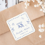 Whimsical Blue Wavy Frame Cream Wedding Quadratischer Aufkleber<br><div class="desc">Whimsical light cream stickers for your save the date announcements, engagement party, rehearsal dinner, wedding and reception invitations, and party favors featuring a french blue scalloped wavy frame border adorned with coquette bows, whimsical hand drawn illustrations of a heart, stars and wine glasses, and the names of the bride and...</div>
