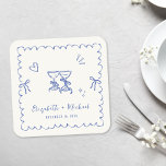 Whimsical Blue Wavy Frame Cream Wedding Rechteckiger Pappuntersetzer<br><div class="desc">Romantic light cream coasters for your engagement party,  rehearsal dinner,  wedding reception,  party favors,  etc.,  featuring a french blue wavy frame adorned with coquette bows,  whimsical hand drawn illustrations of a heart,  stars and wine glasses,  and the names of the bride and groom in a playful blue script.</div>