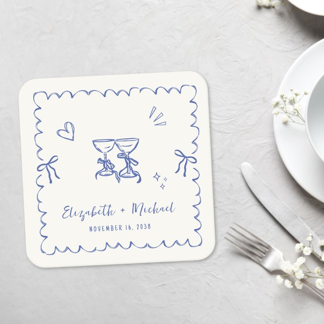 Whimsical Blue Wavy Frame Cream Wedding Rechteckiger Pappuntersetzer (Whimsical Blue Wavy Frame Cream Wedding Square Paper Coaster)