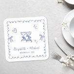 Whimsical Blue Wavy Frame Wedding Rechteckiger Pappuntersetzer<br><div class="desc">Romantic coasters for your engagement party,  rehearsal dinner,  wedding reception,  party favors,  etc.,  featuring a french blue wavy frame adorned with coquette bows,  whimsical hand drawn illustrations of a heart,  stars and wine glasses,  and the names of the bride and groom showcased in a playful blue script.</div>