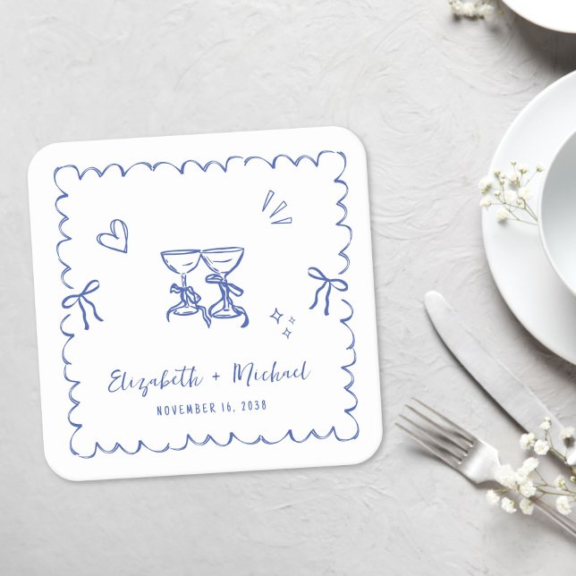 Whimsical Blue Wavy Frame Wedding Rechteckiger Pappuntersetzer (Whimsical Blue Wavy Frame Wedding Square Paper Coaster)