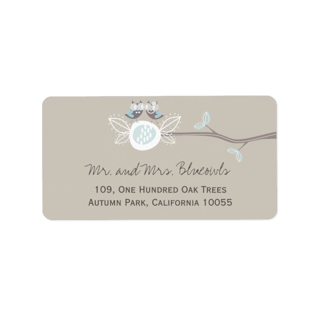 Whimsical Blue Wedding Owls auf Baumzweigadresse Adressaufkleber (Vorne)