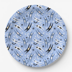 Whimsical Blue White Black Cartoon Katzenmuster Pappteller