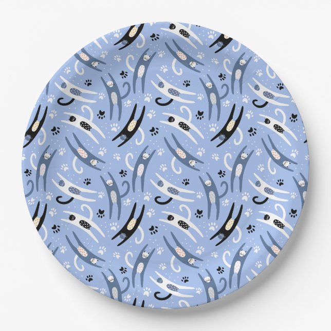 Whimsical Blue White Black Cartoon Katzenmuster Pappteller (Vorderseite)