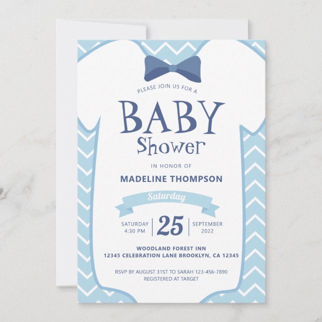 Whimsical Blue White Bow Krawatte Baby Boy Baby Du Einladung (Vorderseite)