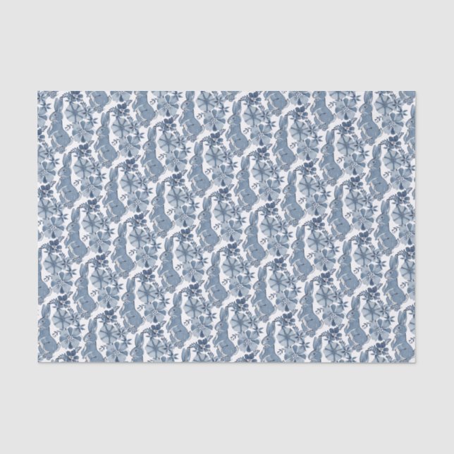 Whimsical Blue White Bunny Rabbit Floral Muster Seidenpapier (Vorderseite)