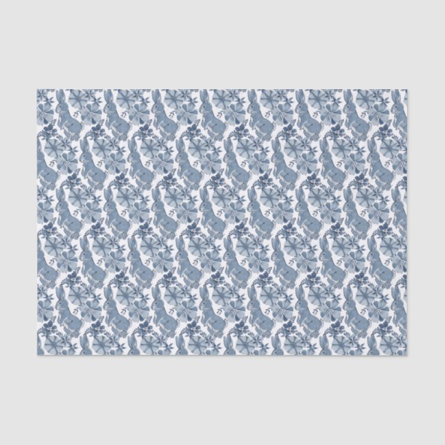 Whimsical Blue White Bunny Rabbit Floral Oaster Seidenpapier (Vorderseite)