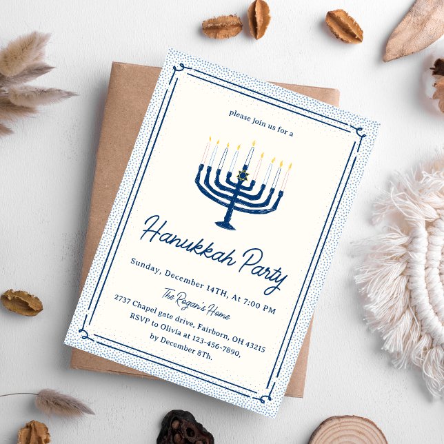 Whimsical Blue & White Hand Drawn Hanukkah Party   Einladung (Von Creator hochgeladen)