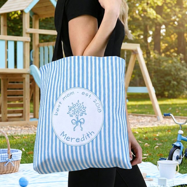 Whimsical Blue White Stripe Preppy Mom Established Tasche (Von Creator hochgeladen)