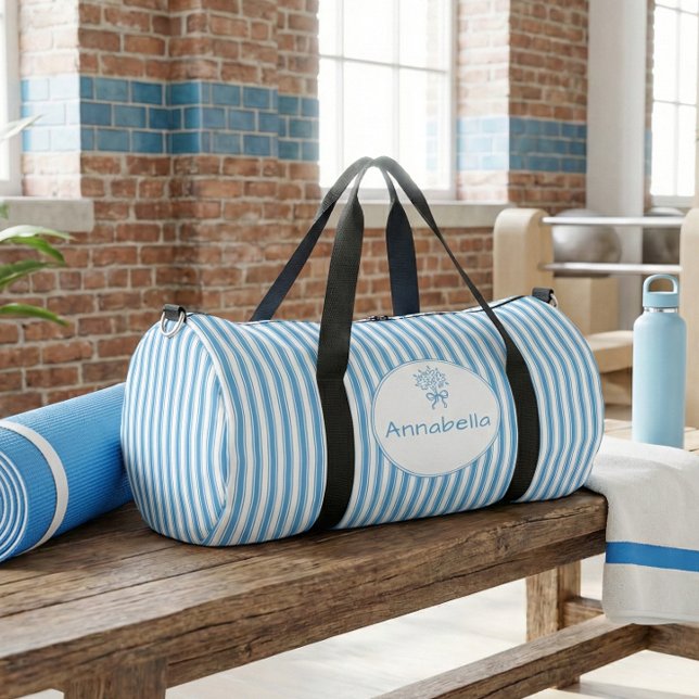 Whimsical Blue White Stripe Preppy Monogram Duffle Bag (Von Creator hochgeladen)