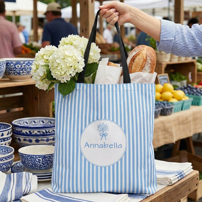 Whimsical Blue White Stripe Preppy Monogram Tasche (Von Creator hochgeladen)