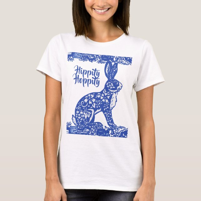 Whimsical Blue Willow Bunny Rabbit Spring T-Shirt (Vorderseite)
