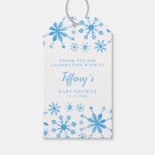 Whimsical Blue Winter Wonderland Baby Dusche Geschenkanhänger (Vorderseite)