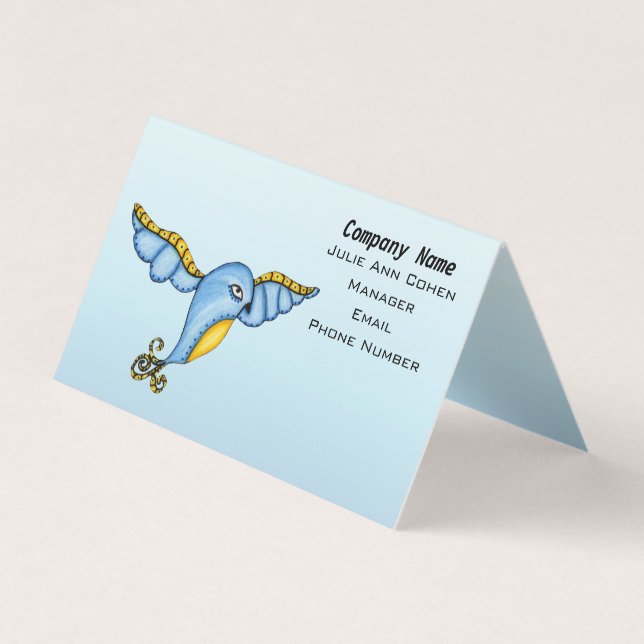 Whimsical Bluebird Yellow Accents in Flight Blue Visitenkarten (Vorderseite)