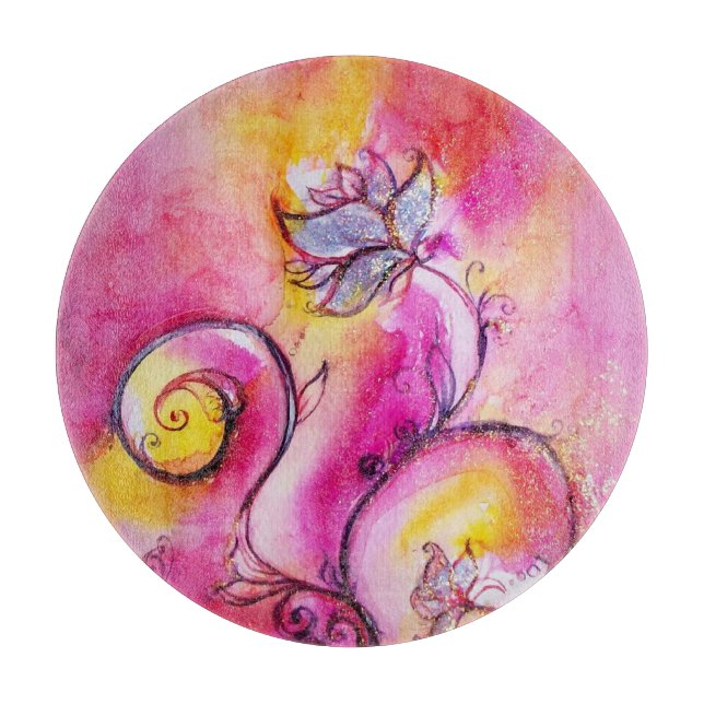 WHIMSICAL BLUME Pink Yellow Floral Fantasy Schneidebrett (Vorderseite)