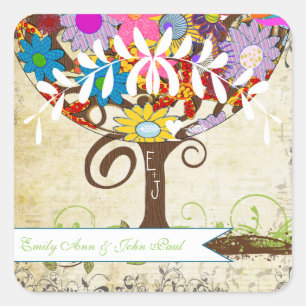 Whimsical Blume Tree Wedding Quadratischer Aufkleber