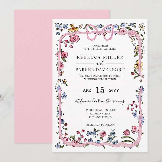 Whimsical Blumen moderne Hochzeit elegant Einladung (Vorne/Hinten)