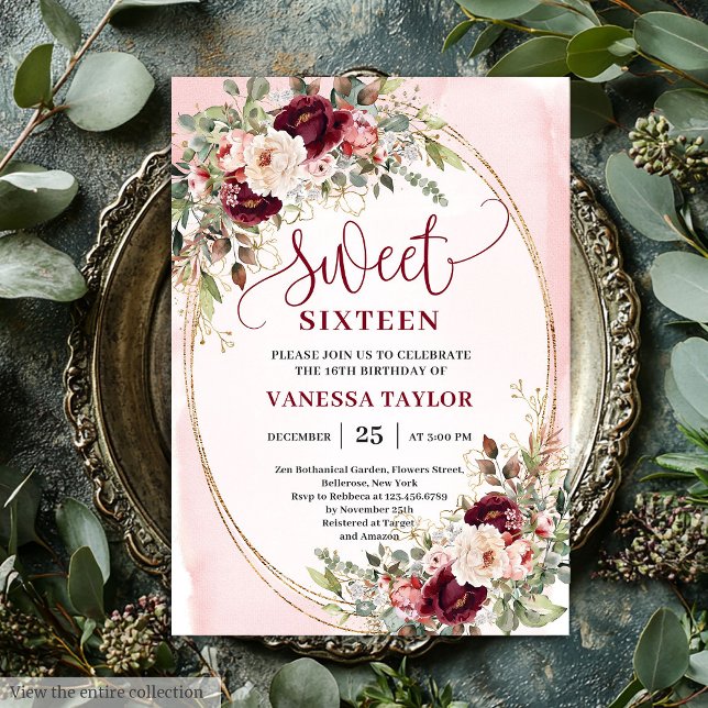 Whimsical Blush Burgundy Roses Sweet Sixteen Card Einladung (Whimsical Blush Burgundy Roses Sweet Sixteen Invite

)