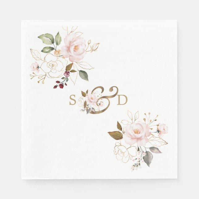 Whimsical Blush Gold Blume Monogram Wedding Serviette (Vorderseite)