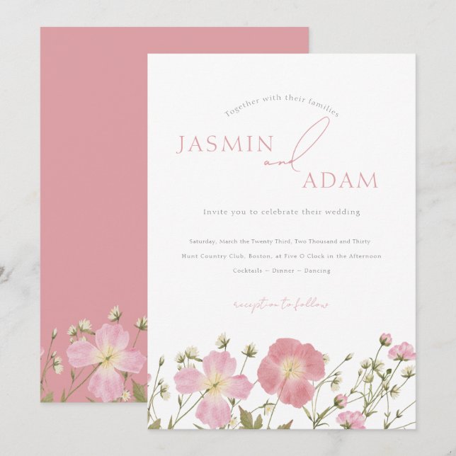 Whimsical Blush Pink Wildblumen Hochzeit Einladung (Vorne/Hinten)