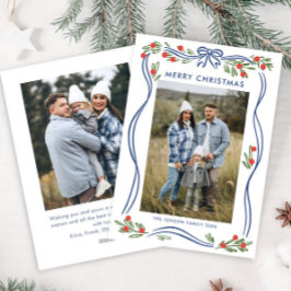 Whimsical Boho Blue Christmas Bow Ribbon 2 Foto Feiertagskarte