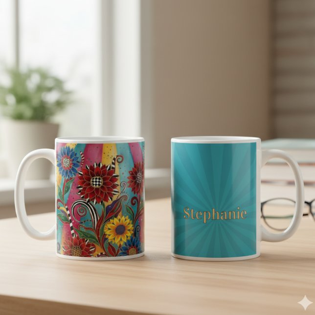 Whimsical Boho Blumen – Lebendiges Geburtstagsgesc Kaffeetasse (Whimsical floral personalized coffee mug)
