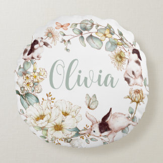 Whimsical Boho Chic Hase Kaninchen Botanisches Flo Rundes Kissen