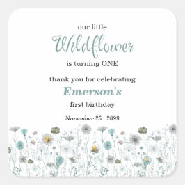 Whimsical Boho Color Wildflower 1st Birthday Party Quadratischer Aufkleber