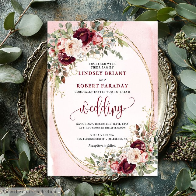 Whimsical Boho Deep Red Gold Floral Wedding Invite Einladung (Whimsical Boho Deep Red Gold Floral Wedding Invite)
