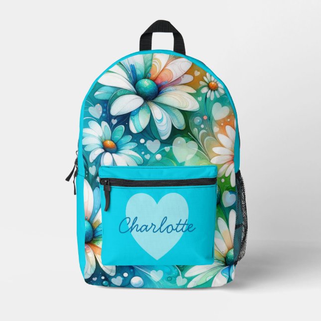 Whimsical Boho Floral Daisy Hearts Valentines Gesc Bedruckter Rucksack (Vorderseite)