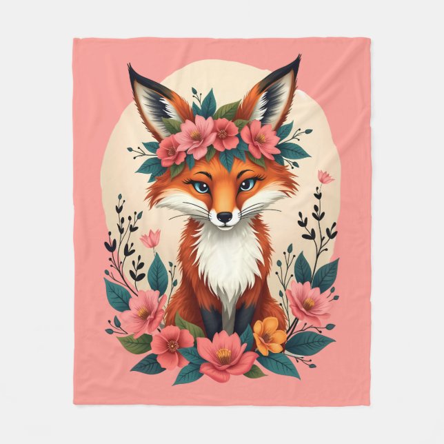 Whimsical Boho Fox mit Blumenwald Fleecedecke (Vorderseite)