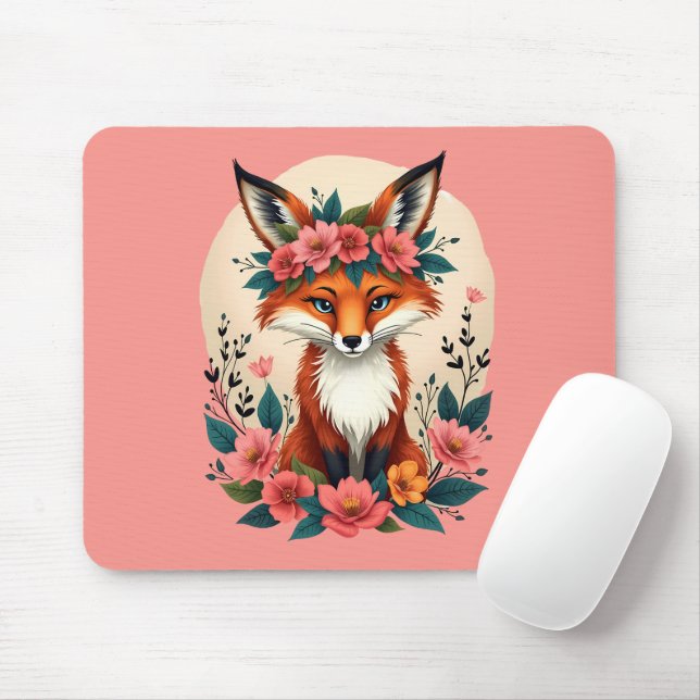 Whimsical Boho Fox mit floraler Crown Woodland Art Mousepad (Mit Mouse)