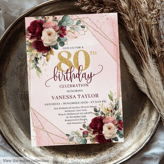 Whimsical Boho Merlot Gold Blume 80. Geburtstag Einladung (Whimsical Boho Merlot Gold Flowers 80th Birthday Invitation)