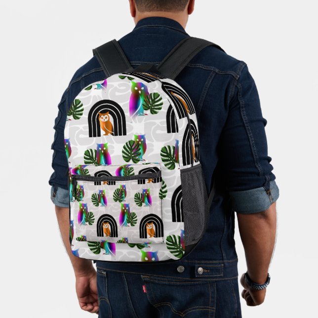 Whimsical Boho Owl & Tropical Monstera Leaf Bedruckter Rucksack (Insitu (Modell))
