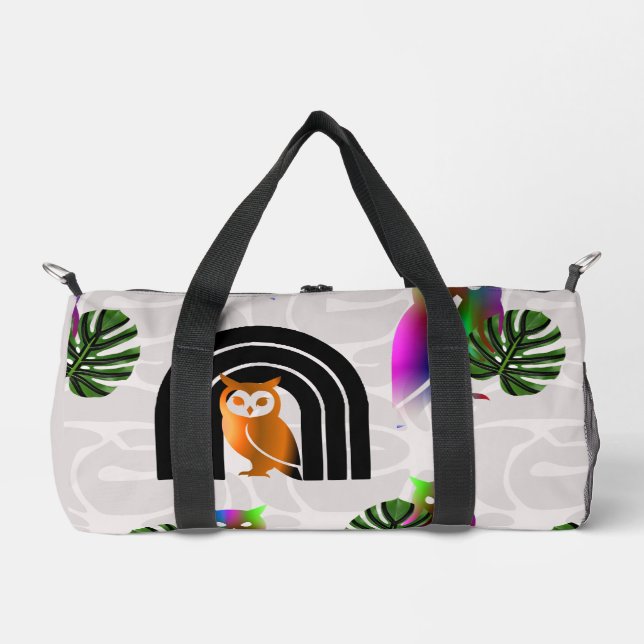 Whimsical Boho Owl & Tropical Monstera Leaf Duffle Bag (Vorderseite)