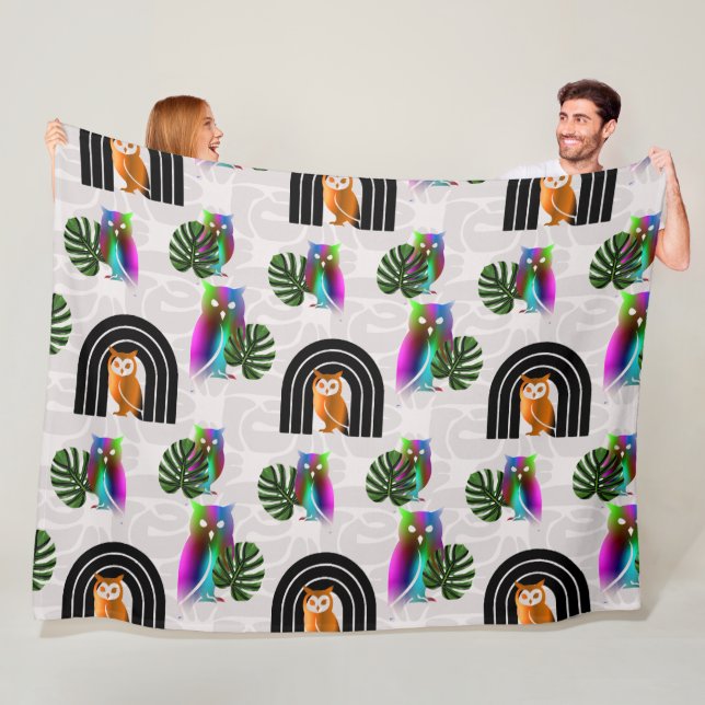 Whimsical Boho Owl & Tropical Monstera Leaf Fleecedecke (Beispiel)