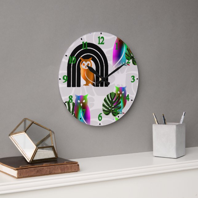 Whimsical Boho Owl & Tropical Monstera Leaf Große Wanduhr (Büro)