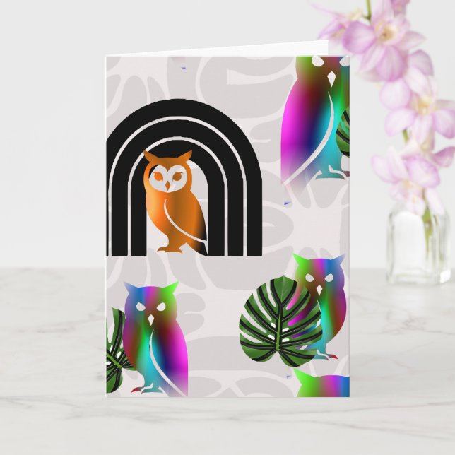 Whimsical Boho Owl & Tropical Monstera Leaf Karte (Orchidee)