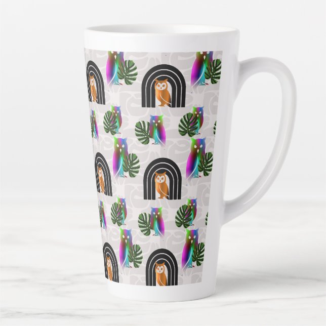 Whimsical Boho Owl & Tropical Monstera Leaf Milchtasse (Rechts)